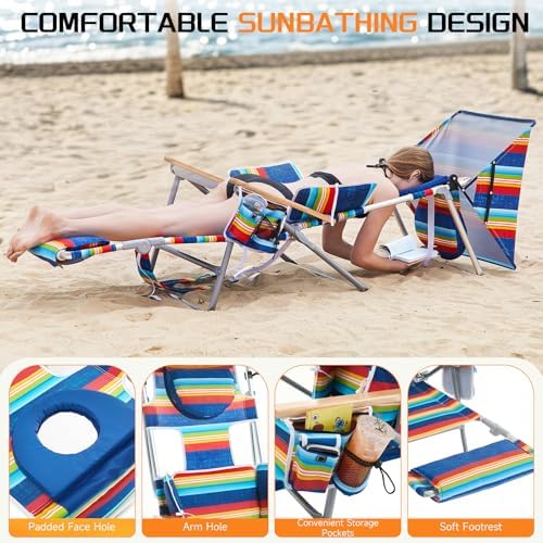 Oversized Heavy Duty Backpack Beach Chair with Sun Canopy, Reclining Lounge Chair Tanning Chair with Face Hole, 5-Position Foldable Camping Chair for Outdoor Sunbathing Beach Patio Pool (Multi Color)
