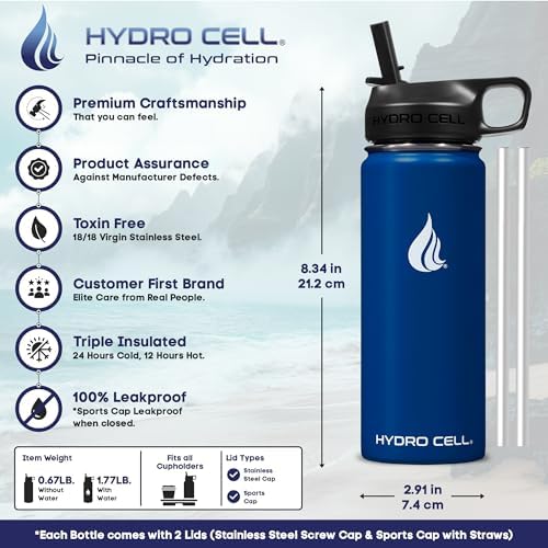 HYDRO CELL Stainless Steel Insulated Water Bottle with Straw - For Cold & Hot Drinks - Metal Vacuum Flask with Screw Cap and Modern Leakproof Sport Thermos for Adults (Navy 18oz)