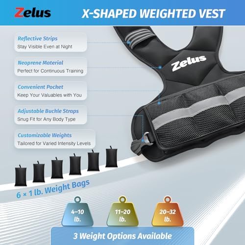 ZELUS Weighted Vest for Men and Women | 4-10lb/11-20lb/20-32lb Vest with 6 Ironsand Weights for Home Workouts | Adjustable Body Weight Vest Exercise Set for Cardio and Strength Training
