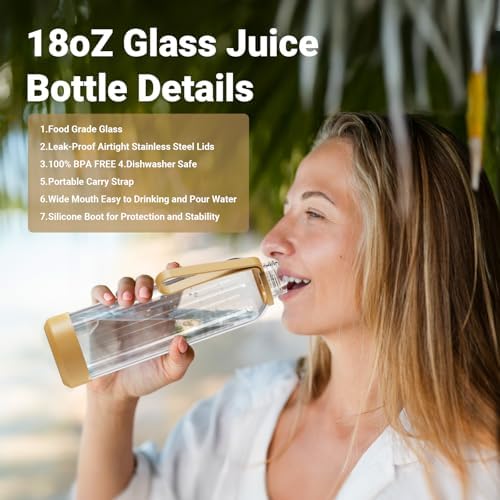 Sursip 18 oz Glass Water Bottles with Lids, Juice Bottles, Clear glass juice bottle for juicing, Eco-Friendly Reusable Glass Juicing Bottles with Stainless Steel Lid, BPA Free,Leak-Proof, Set of 6