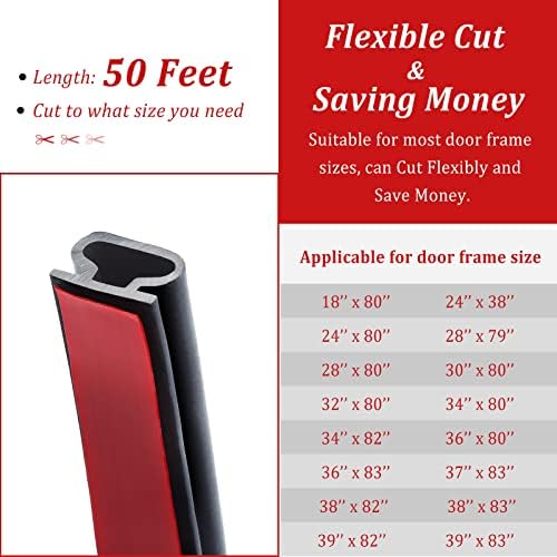 50 Feet D-Shape Rubber Weather Stripping Door Seal Strip, Fingwerk Self-Adhesive Backing Door Weatherstripping for Door Frame Insulation Large Gap, Easy Cut to Size(Black)
