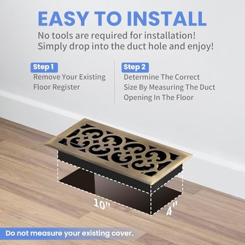 4x10 Inches Heavy Duty Walkable Floor Register Easy Adjust Air Supply Lever Floor Vents - Charlotte Design - Vent Cover for Home Floor - Antique Brass