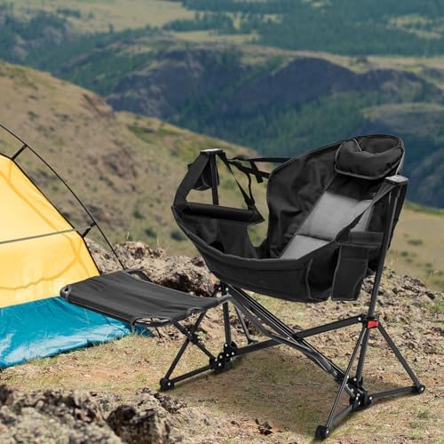 GDY Camping Chairs, Oversized Hammock, Folding Rocking Chairs, Adjustable Back Swing Chairs, Cup Holder, Outdoor Beach Lawn, Black