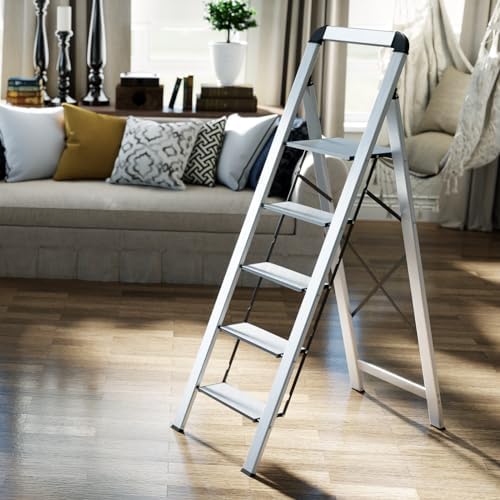 KINGRACK Aluminium 5 Step Ladder, Lightweight Step Stool with Non-Skid Pedals, Handrail, Foldable Step Ladder for Kitchen, Garage, Home, Space Saving, Sturdy and Portable, Silver
