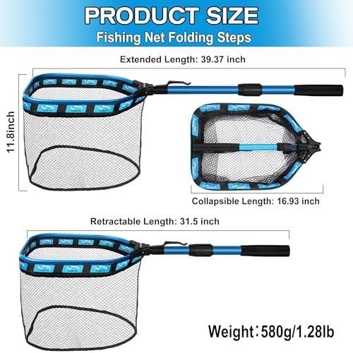 PLUSINNO Floating Fishing Net for Steelhead, Salmon, Fly, Kayak, Catfish, Bass, Trout Fishing, Rubber Coated Landing Net for Easy Catch & Release, Compact & Foldable for Easy Transportation & Storage