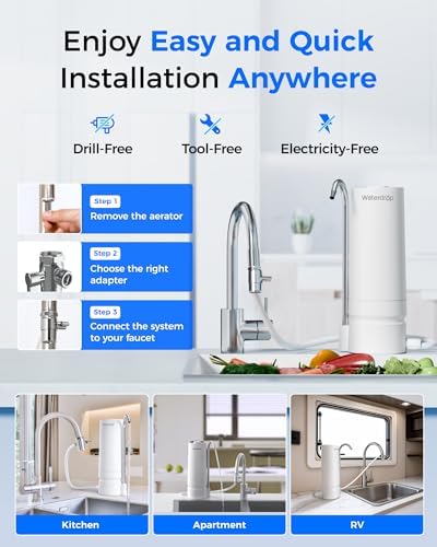 Waterdrop Countertop Water Filter, 4000 Gallons Water Filter for Sink Faucet and Filter Life Reminder, Reduces Heavy Metals, Bad Odor, and 99% Chlorine (1 Filter Included) WD-CTF-05