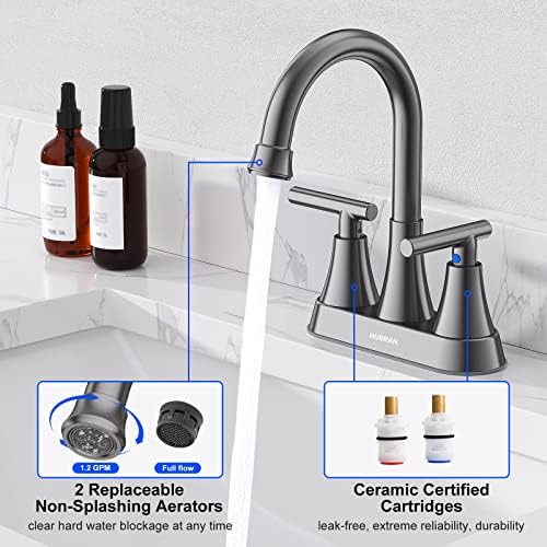 Bathroom Faucets for Sink 3 Hole, Hurran 4 inch Brushed Grey Bathroom Sink Faucet with Pop-up Drain and Supply Hoses, Stainless Steel Lead-Free Centerset Touch On Faucets for Vanity RV
