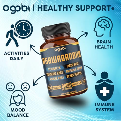 240 Capsules - 8 Month Supply - 7in1 Ashwagandha 8050mg - Combined with Fenugreek, Maca, Turmeric, Rhodiola, Ginger, and Black Pepper - Mood, Strength, Spirit and Energy Support Supplement