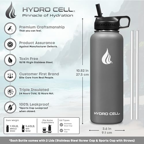 HYDRO CELL Stainless Steel Insulated Water Bottle with Straw - For Cold & Hot Drinks - Metal Vacuum Flask with Screw Cap and Modern Leakproof Sport Thermos for Adults (Graphite 40oz)