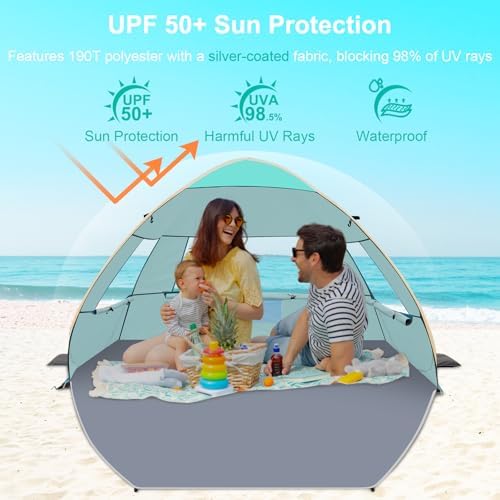 Gorich Easy Pop Up Beach Tent for 3-4 Person, UPF 50+ UV Protection Beach Umbrella Sun Shelter, Portable Lightweight Cool Cabana Shade with Easy Foldable & Instant Setup