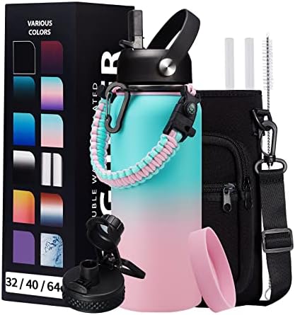 32oz Stainless Steel Water Bottle -w/Paracord Handle, Straw & Spout Lids, Bottle Sleeve, Reusable Metal Thermo Keep Cold-48h & Hot-24h, Wide Mouth Double-Wall Vacuum Flasks for Sports Fitness