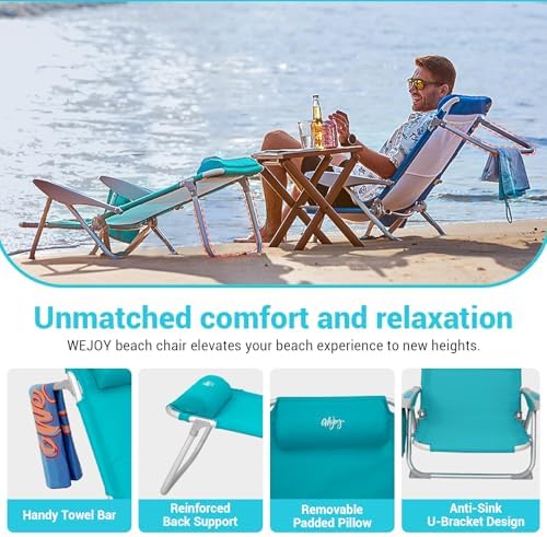 #WEJOY Folding Beach Chair for Adults, 4-Position Aluminum Lightweight Beach Chair, Low Sands Chairs with Shoulder Strap, Cup Holder and Padded Headrest, Supports 265lbs for Lawn