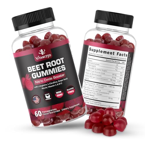 VITAMIZED Beet Root Gummies - Super Nitric Oxide Beets Supplement - Red Beetroot Heart Chews with Grape Seed Power & B12- Pomegranate Flavor, 60 Chewables Beets