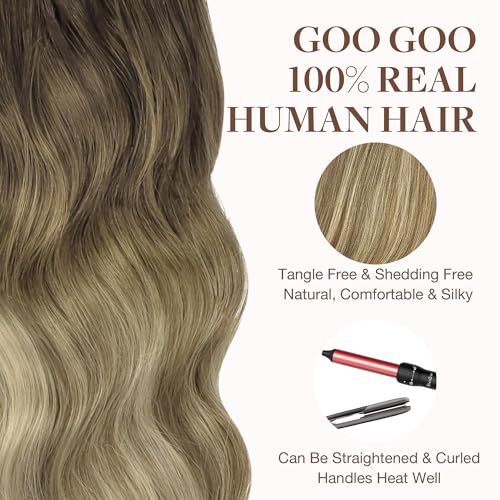GOO GOO Tape in Hair Extensions Human Hair, 3/8/613 Balayage Walnut Brown to Ash Brown and Bleach Blonde, 18inch 50g 20pcs, Thick Ends Straight Seamless, Invisible Tape in Hair Extensions Human Hair