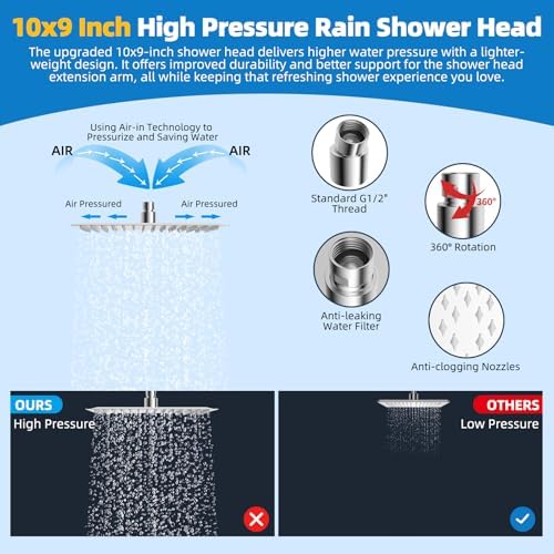 Hibbent All Metal Shower Head, 10'' High Pressure Rainfall Shower Head, Showerhead Combo, Handheld Shower Wand, 12'' Adjustable Curved Shower Extension Arm, 71'' Hose, Shower Head Holder, Chrome