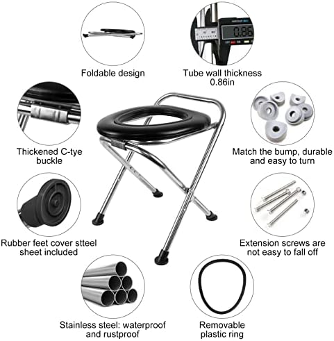 Upgraded Heavy Duty Stainless Steel Portable Toilet for Camping, Sturdy 350LBS Camp Toilet Portable, Portable Camping Toilet with Soft Seat/Toilet Bags, Black Folding Toilet for Hiking, Travel