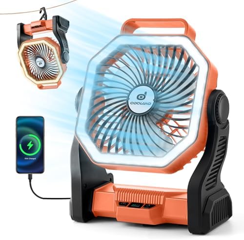 Odoland Camping Fan with LED Lantern, 20000mAh Rechargeable Battery Operated Fan, Portable Outdoor Light with Rotation Hook for Picnic Power Outage Hurricane Emergency Home Patio, Orange
