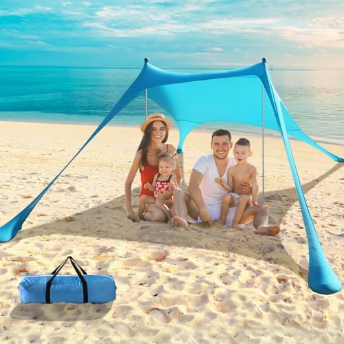 Beach Tent - 9.8 * 6.5 FT Canopy, Portable Beach Tent Sun Shelter UPF 50 with 4 Sandbags, Stability Poles, Ground Pegs and Anti-Wind Ropes, Outdoor Shade Canopy for Camping Picnics