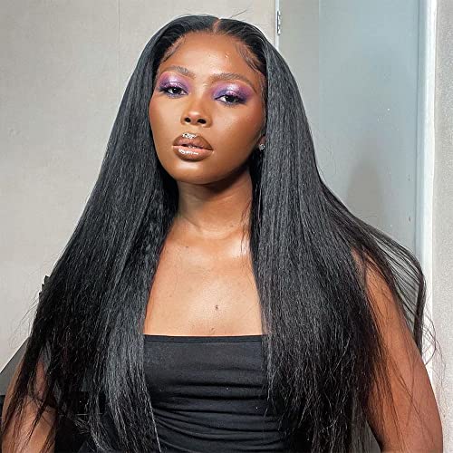 GOLFMAX Kinky Straight Lace Front Wigs Human Hair Pre Plucked With Baby Hair 180% Density Yaki Straight 13x4 Transparent HD Glueless Lace Wig Human Hair Wigs For Black Women 24 Inch