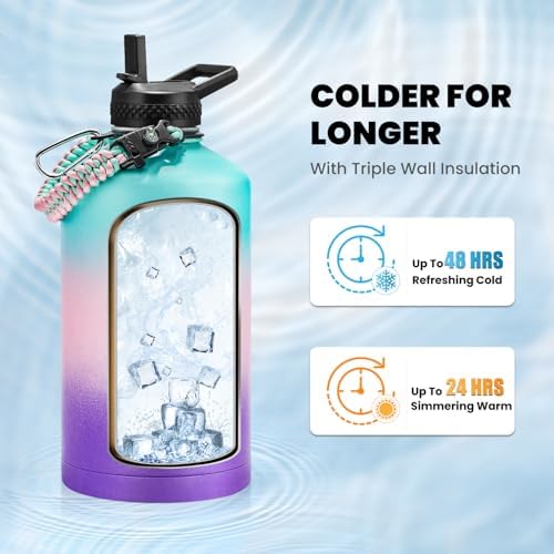One Gallon Water Bottle Insulated, Triple Walled Vacuum Stainless Steel (Cold for 48 Hrs), Leak Proof & Non-BPA, Large Water Flask Jug with Paracord Handle & Straw Spout Lids