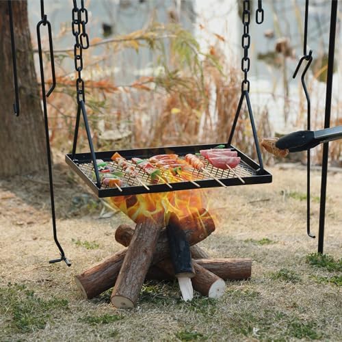 REDCAMP Grill Swing Campfire Grill Stand with Iron Grill Grate, Collapsible Campfire Cooking Rack w/6 Hooks,Portable Cookware Hanging Rack Outdoor Camping Bonfire for Cookware & Dutch Oven,Rectangle