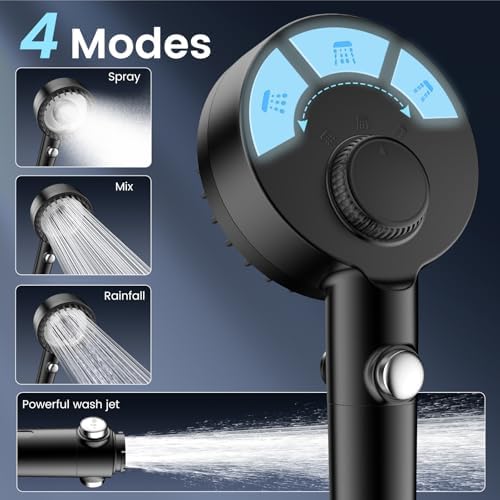 Filtered Shower Head with Handheld, High Pressure 4 Spray Mode Showerhead with Filters, Water Softener Filter Beads for Hard Water with ON/OFF Switch for Pets Bath-Remove Chlorine (Matte Black)