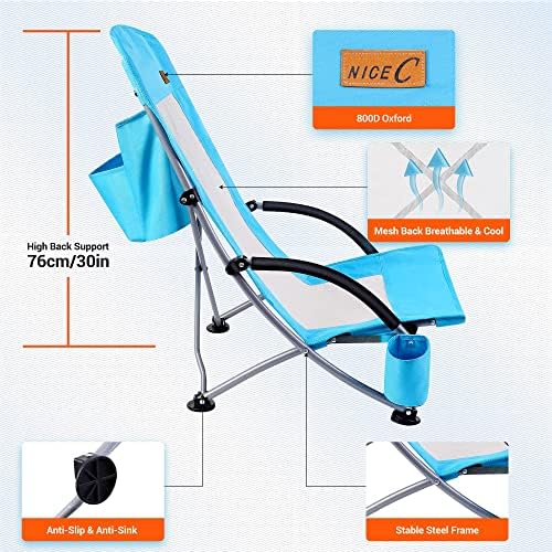 Nice C Beach Chair, Beach Chairs for Adults 2 Pack w/Cooler Compact High Back, Cup Holder & Carry Bag & Heavy Duty Outdoor, Camping, BBQ, Travel, Picnic, Festival (Set of 2 Blue)