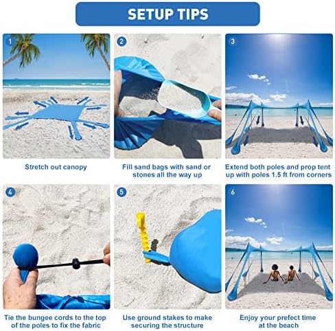 Beach Tent Canopy Pop Up Shade 10x10ft Sun Shelter Portable Family UPF50+ with 8 Sandbags-2 Sand Shovel-4 Aluminum Poles-Ground Pegs-Carrying Bag for Outdoor Camping Fishing Backyard Picnic