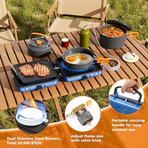 Portable 2 Burner Camping Stove Set with Cookware, Outdoor Cooking Kit Includes Outdoor Folding Gas Stove, Frying Pan, Griddle, Kettle, Pot, and Carry Bag, For Propane & Butane, 20,000 BTU/h