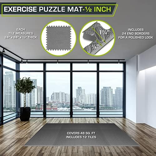 ProsourceFit Puzzle Exercise Mat ½ in, EVA Interlocking Foam Floor Tiles for Home Gym, Mat for Home Workout Equipment, Floor Padding for Kids, Black, 24 in x 24 in x ½ in, 48 Sq Ft - 12 Tiles
