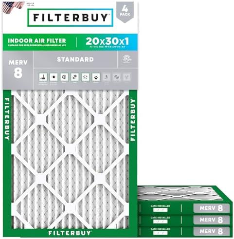 Filterbuy 20x30x1 Air Filter MERV 8 Dust Defense (4-Pack), Pleated HVAC AC Furnace Air Filters Replacement (Actual Size: 19.63 x 29.63 x 0.75 Inches)