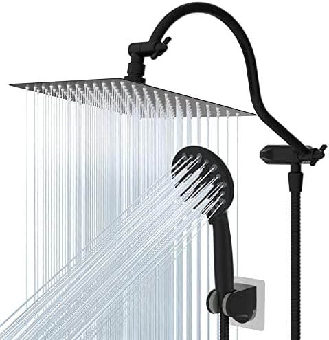 Hibbent All Metal High Pressure Rainfall 10 Inch Shower Head/Handheld Showerhead Combo/ 12 Inch Adjustable Curved Shower Extension Arm, 7-Spray, 71-inch Hose, Adhesive Showerhead Holder, Matte Black