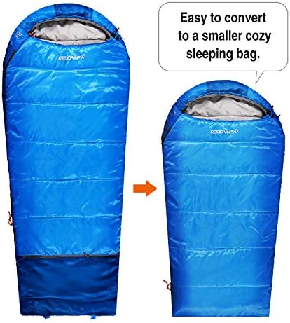 REDCAMP Kids Mummy Sleeping Bag for Camping, 3 Season Cold Weather Sleeping Bag Fit Boys,Girls & Teens, Blue/Rose Red