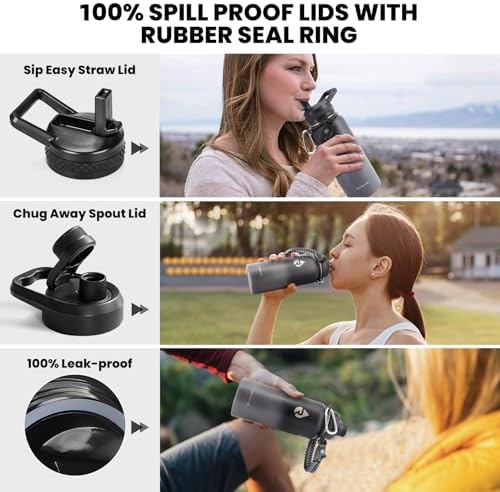 Insulated Water Bottle 32 oz, Triple Wall Vacuum Stainless Steel (Cold for 48 Hrs), Leak Proof & Non-BPA, Modern Water Flask Jug with Paracord Handle & Straw Spout Lids, Dark Grey