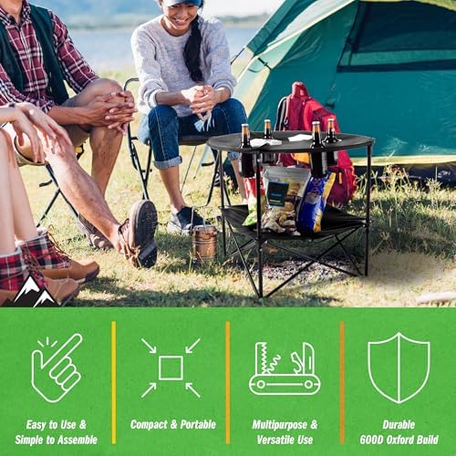 Wakeman Camping Table - 2-Tier Folding Table with 4 Cupholders and Carry Bag for Picnic, Tailgate, Beach, or Camp - Camping Gear Outdoors (Black)