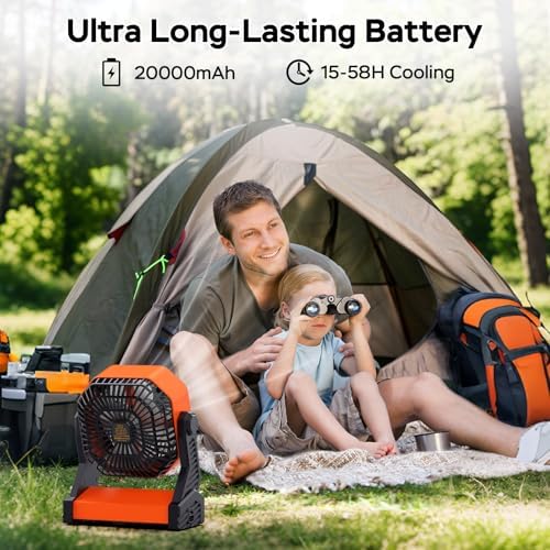 Battery Operated Camping Fan, 20000mAh Rechargeable Portable Fan, 4 Speed Outdoor Fan with LED Light and Hook for Tent Car Travel Jobsite Fishing Outdoor Hurricane Power Outage