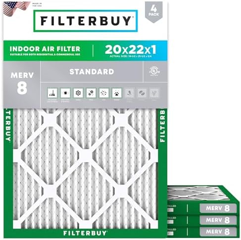 Filterbuy 20x22x1 Air Filter MERV 8 Dust Defense (4-Pack), Pleated HVAC AC Furnace Air Filters Replacement (Actual Size: 19.50 x 21.50 x 0.75 Inches)