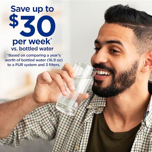 PUR PLUS Vertical Faucet Mount Water Filtration System, Lead-Reducing Filter, Great-Tasting Water, Easy Install, Lasts 100 Gallons, Compatible with Sinks with External Aerators, Grey