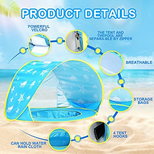 Beach Tent Toddlers Pool Tents Pop Up Portable Toys Sun shelter UV Protection Shade for Infant with Carry Bag (Blue)