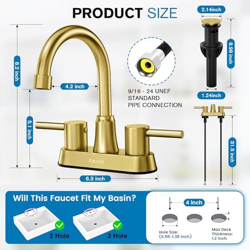 Gold Bthroom Faucet, Brushed Gold Bathroom Faucet, Gold Faucets for Bathroom Vanity, 4 Inch 2 Handle Centerset, Lead-Free, with Copper Pop Up Drain (Brushed Gold)