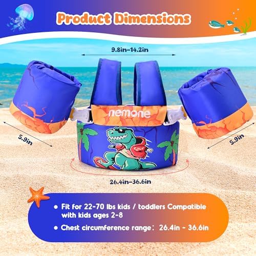 NEMONE Toddler Swim Vest for 22-70 lbs Kids Floaties Swim Jacket with Arm Water Wings for Girls Boys 2 3 4 5 6 7 Years Old Sea Beach Pool