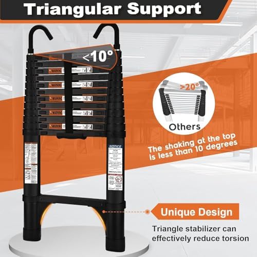 Telescoping Ladder, SocTone 12.5 FT Aluminum Lightweight Extension Ladder with 2 Triangle Stabilizers, Heavy Duty 330lbs Max Capacity, Collapsible Ladder with Hooks for RV or Outdoor Work