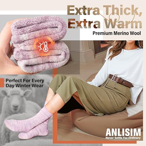 Anlisim Merino Wool Warm Boot Hiking Socks Thermal Extra Thick Winter Cozy Crew Comfy Cushioning Work Women Men Socks 4 Pairs