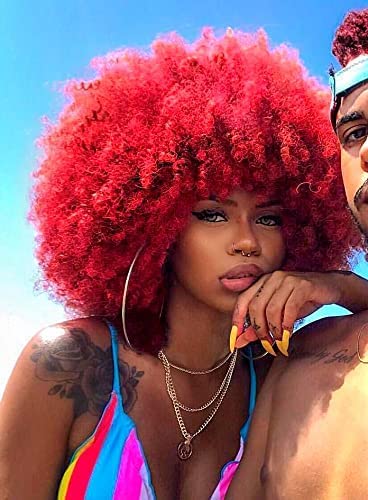 CURLCRAZY 70s Afro Wig with Bangs Short Afro Kinky Curly Wig for Black Women Large Bouncy and Soft Natural Looking Halloween Party Christmas Cosplay Wigs (Red)