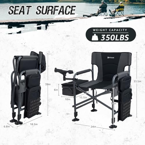 Fishing Chairs with Rod Holder, Folding Ice Fishing Chair for Adults Outdoor Camping Chair Leg Adjustable with Cooler Bag and Storage Bag for Ice Fishing, Camp, Lawn, Patio, Garden (Black)