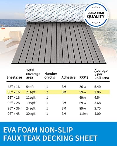 OCEANBROAD EVA Foam Boat Flooring with 3M Adhesive Backing Marine Self-Adhesive Decking 96''x45.6''/36''/28.8''/16.8'', 48''x16.8'' Faux Teak Sheet for Jon Boats Swim Platform Helm Pad RV Floor