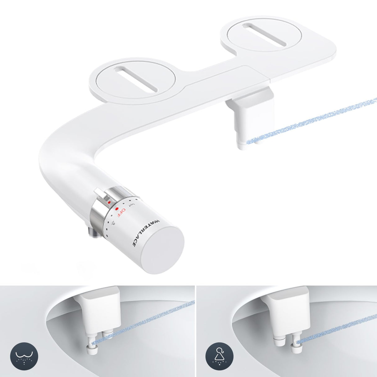 WATERLACE Bidet Attachment for Toilet Seat Sprayer - Non Electric Dual Nozzle with Cold Water - Self Cleaning Toilets Bathroom Spray for Butt Wash - Easy Slim Adjustable Pressure Control Rv Bidets