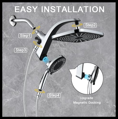 High Pressure Rain Shower Head: Upgrade Shower Heads with Handheld Spray Combo with Fixed Showerhead and 10 Sprays Handheld Shower Head, Detachable Shower head Built-in Magnetic Docking and Power Jets