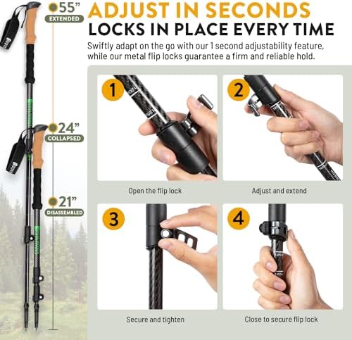 100% Carbon Fiber Trekking Poles by USA Brand - Ultra Strong Lightweight Collapsible Hiking Poles with Cork and EVA Foam Grips & Quick Adjustable Flip Locks