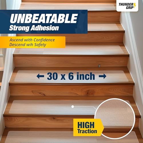 Clear Stair Treads Non-Slip 30"x6" - 15-Pack Indoor Stair Grips Non Slip for Wooden Steps - Anti Slip Adhesive Strips for Dogs & Elderly - Staircase Step Treads - Transparent Treads for Wood Stairs